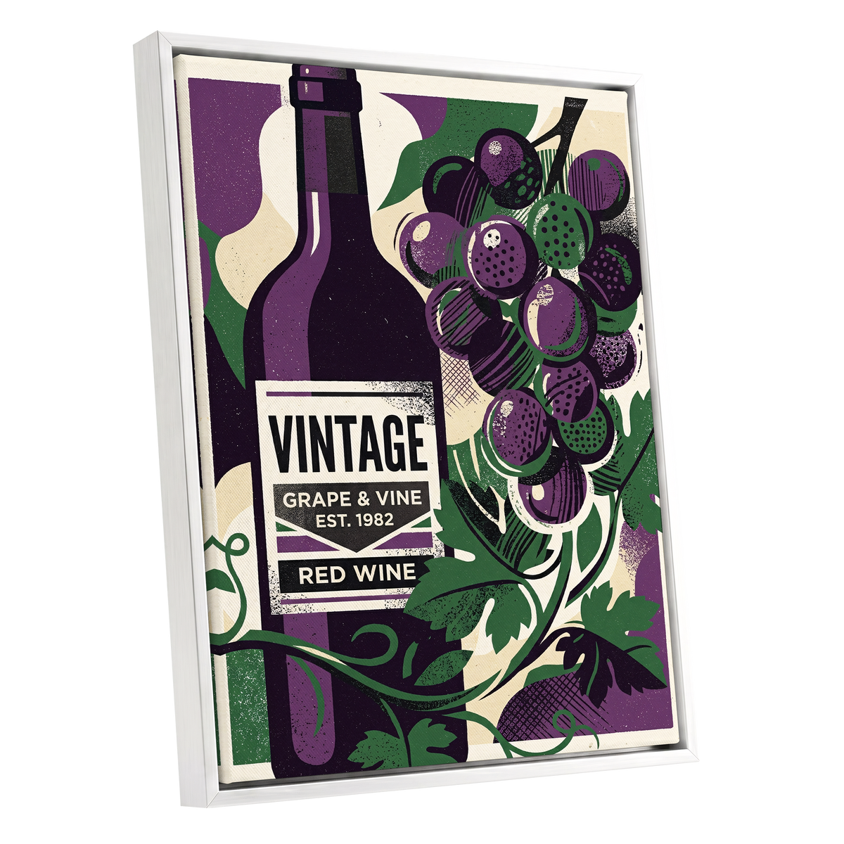 Vintage Vine Nocturne, purple, green, black nature wall art shown as a white framed canvas wall art
