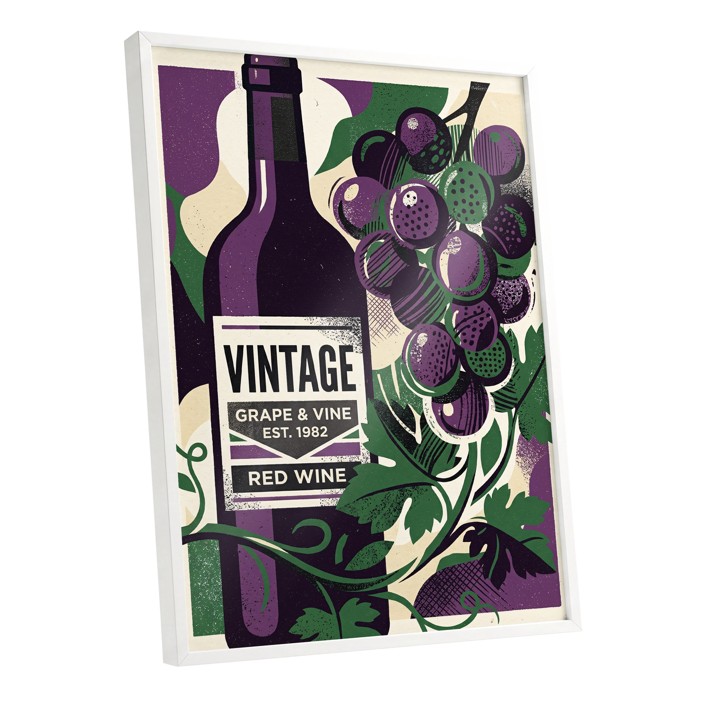 Vintage Vine Nocturne, purple, green, black nature wall art shown as a white framed poster wall art print