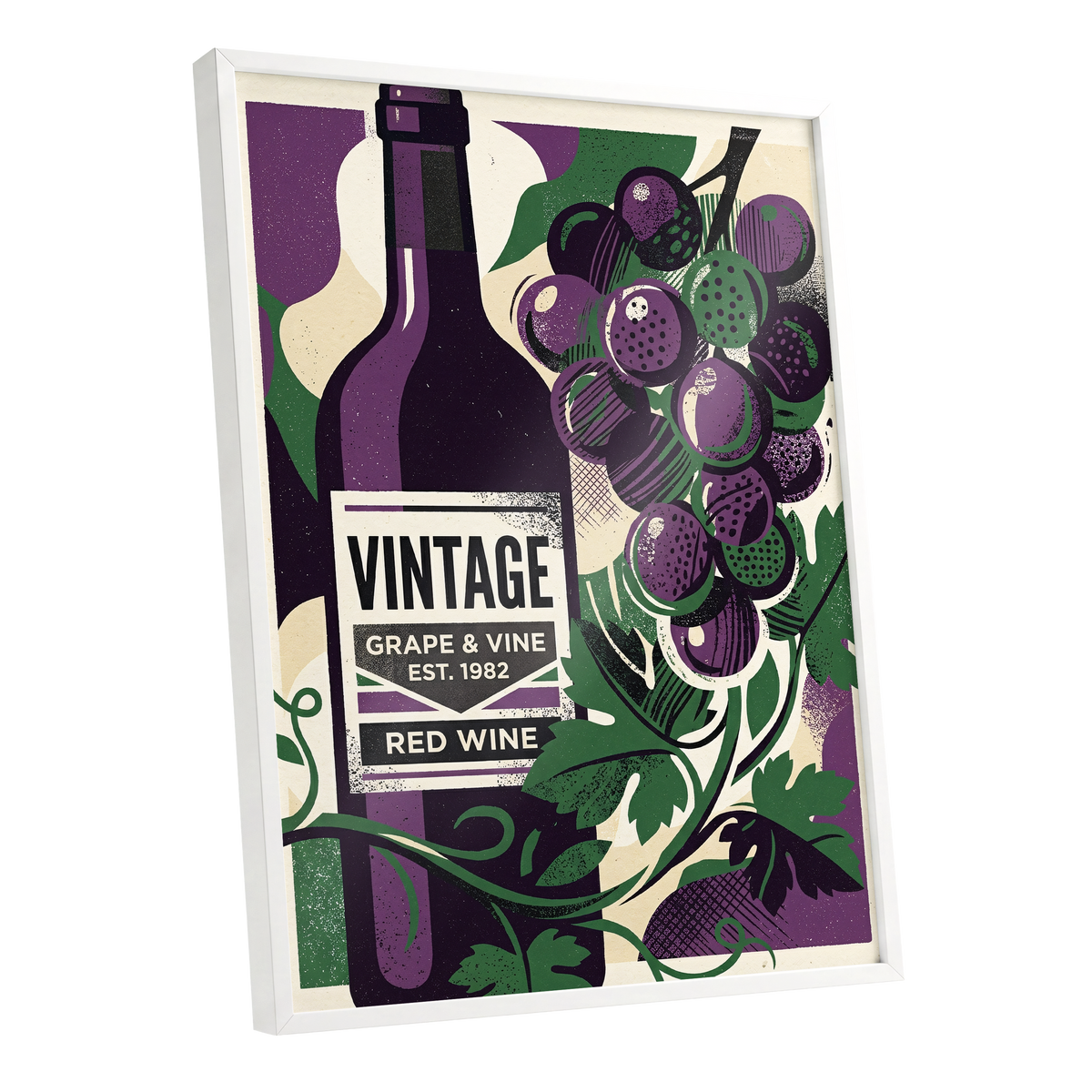 Vintage Vine Nocturne, purple, green, black nature wall art shown as a white framed poster wall art print