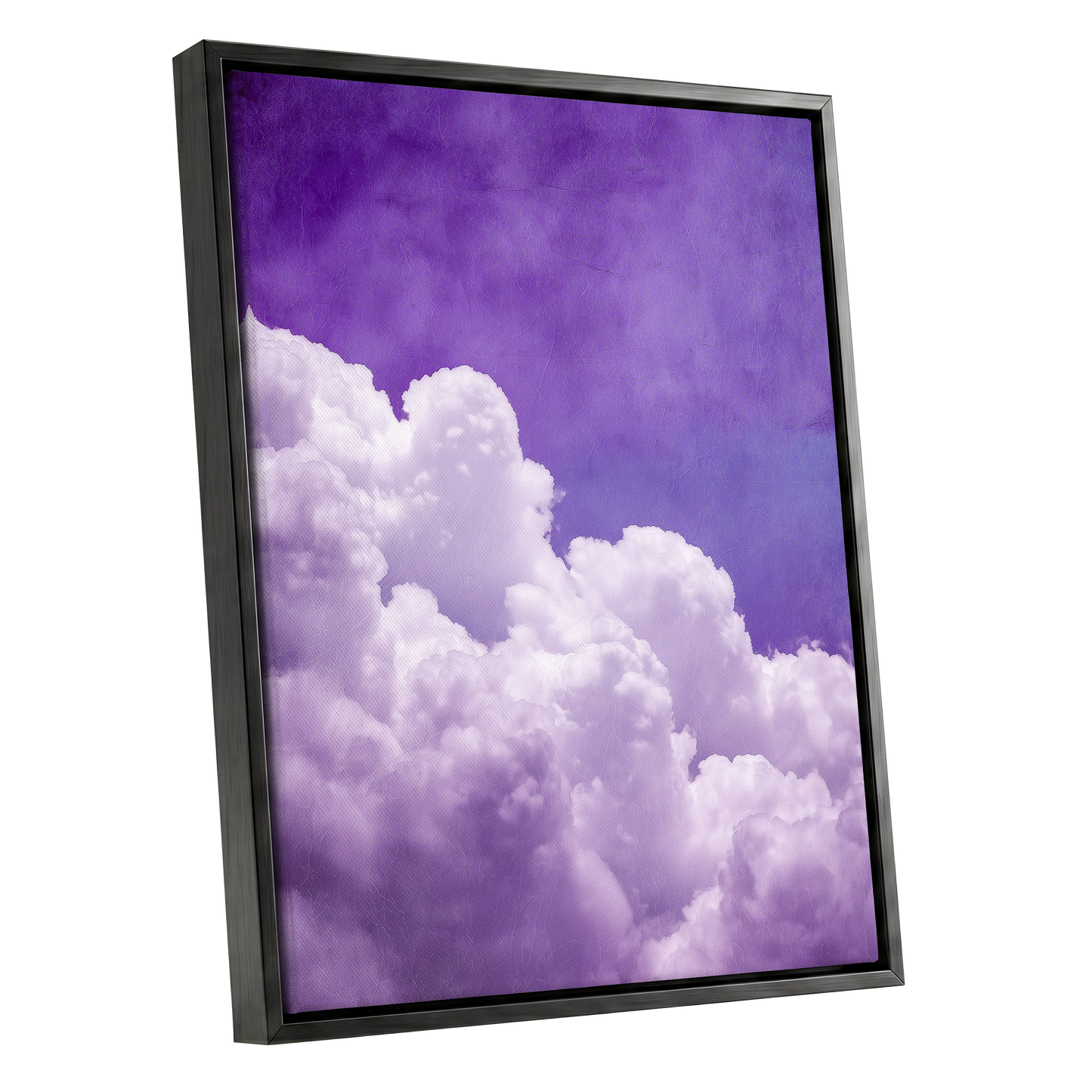 Violet Cloud Ascent, purple, white, blue nature wall art shown as a black framed canvas wall art