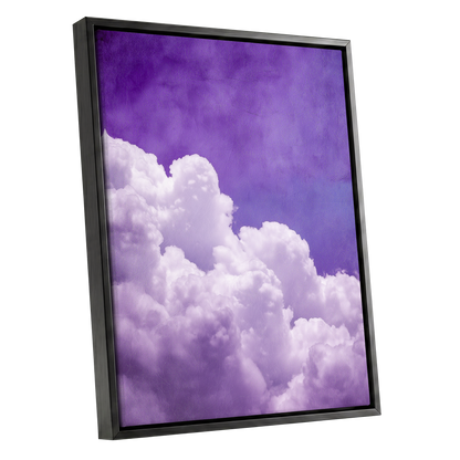 Violet Cloud Ascent, purple, white, blue nature wall art shown as a black framed canvas wall art