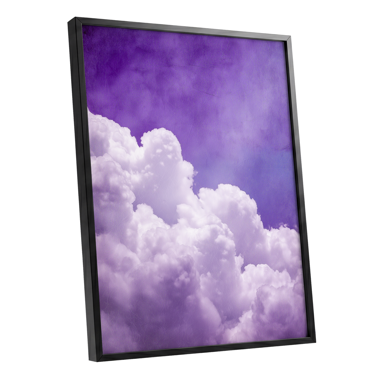 Violet Cloud Ascent, purple, white, blue nature wall art shown as a black framed poster wall art print