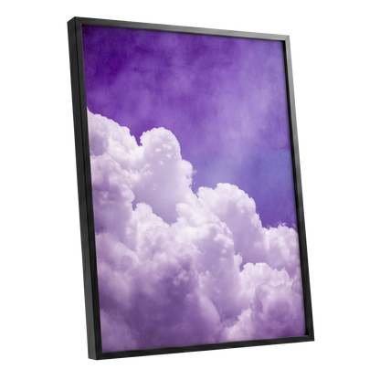 Violet Cloud Ascent, purple, white, blue nature wall art shown as a black framed poster wall art print