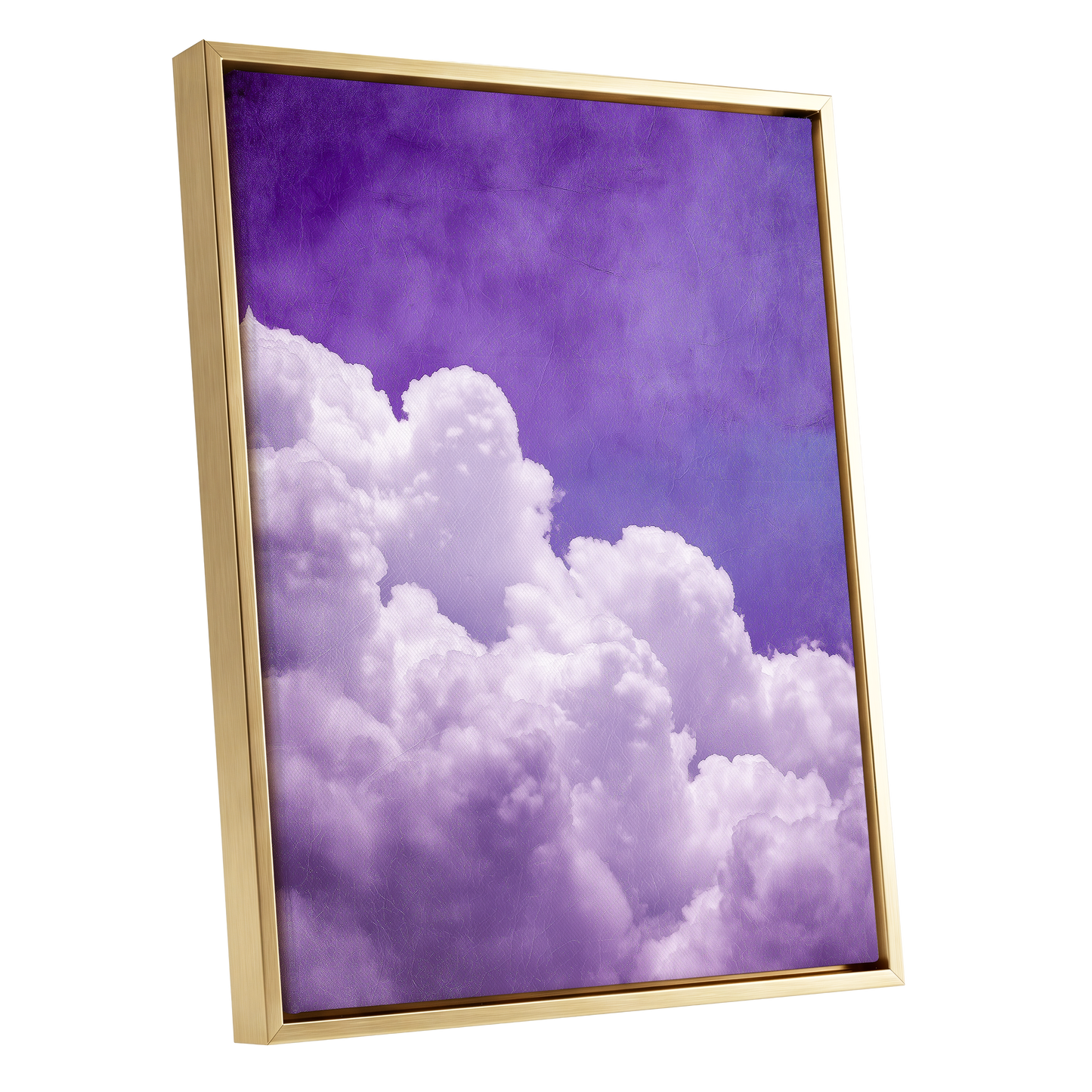 Violet Cloud Ascent, purple, white, blue nature wall art shown as a gold framed canvas wall art