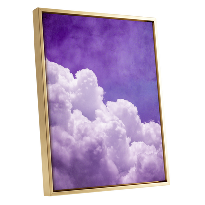 Violet Cloud Ascent, purple, white, blue nature wall art shown as a gold framed canvas wall art