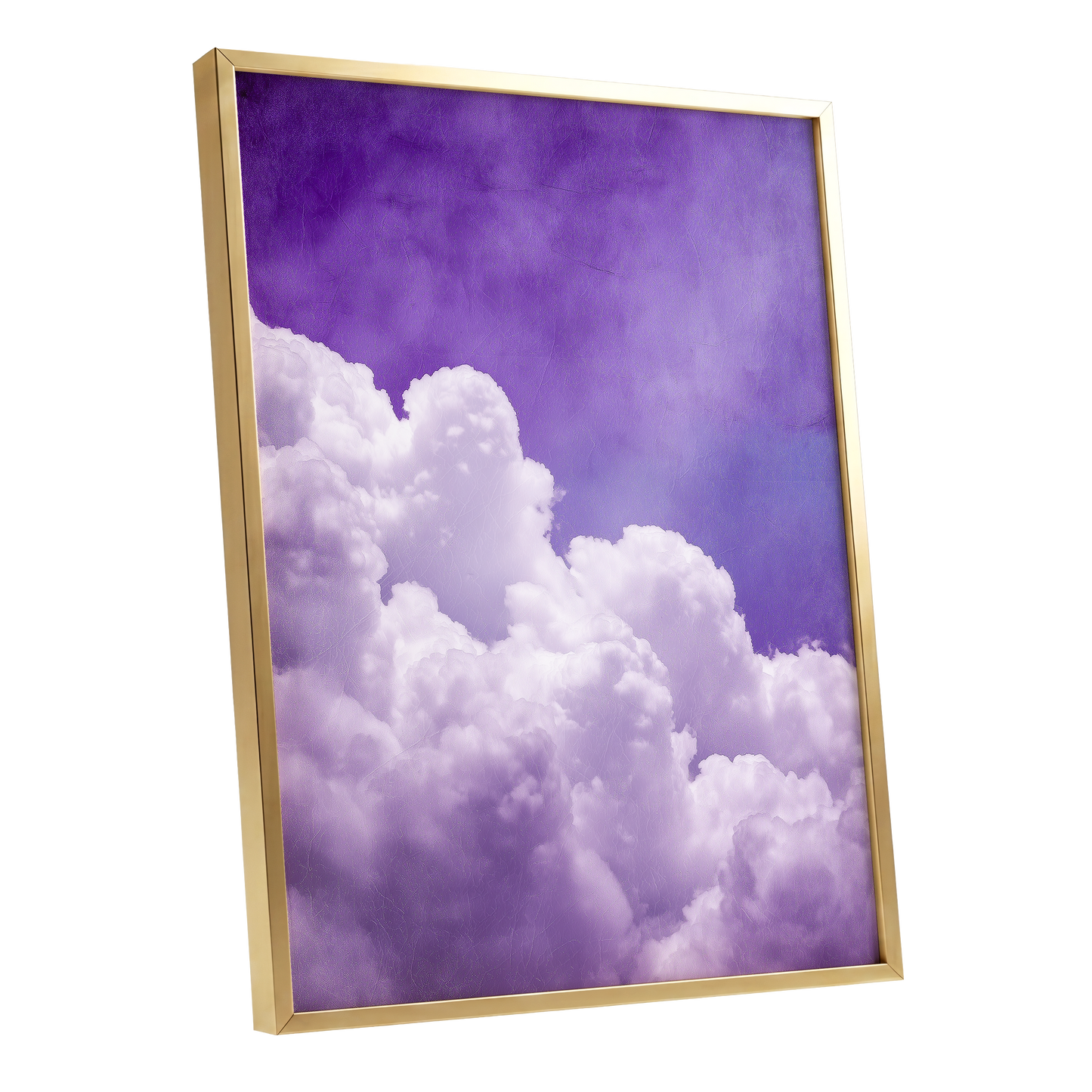 Violet Cloud Ascent, purple, white, blue nature wall art shown as a gold framed poster wall art print