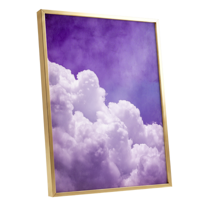 Violet Cloud Ascent, purple, white, blue nature wall art shown as a gold framed poster wall art print