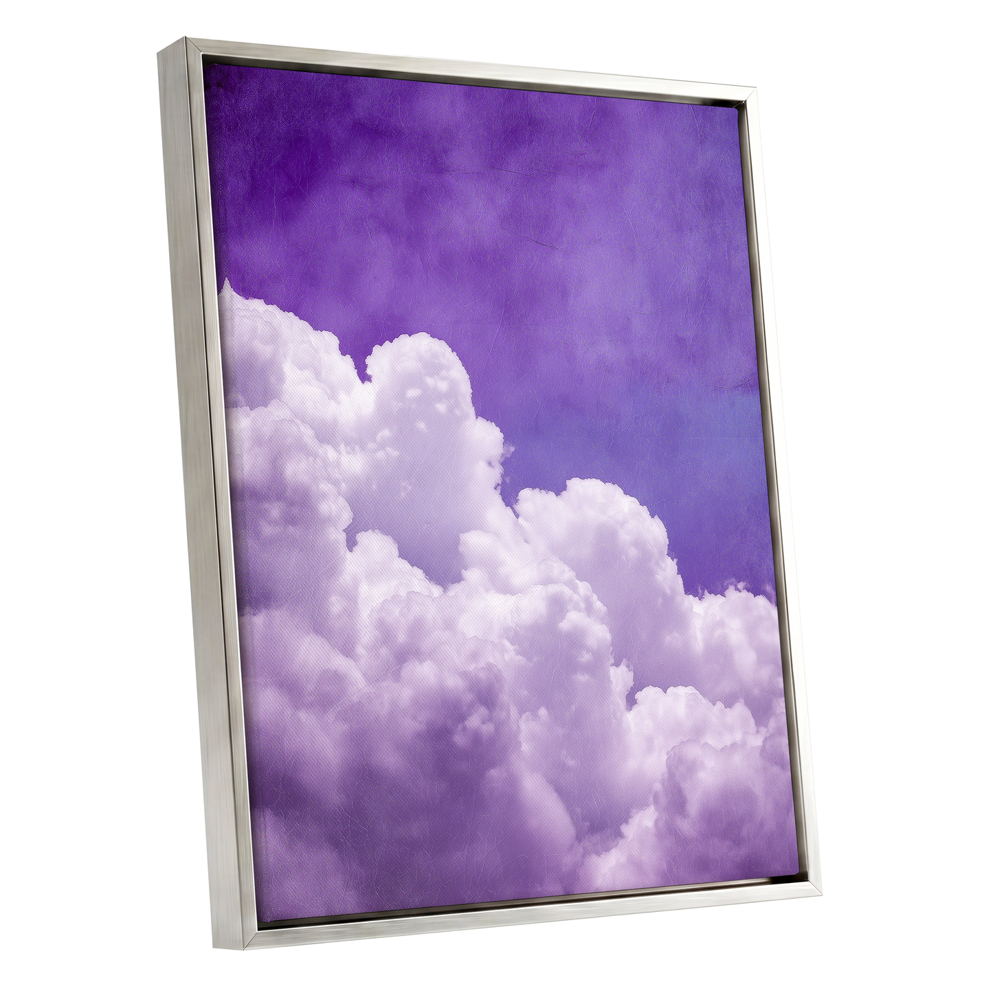 Violet Cloud Ascent, purple, white, blue nature wall art shown as a silver framed canvas wall art