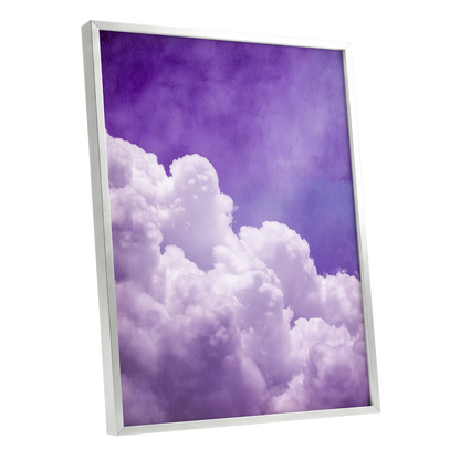 Violet Cloud Ascent, purple, white, blue nature wall art shown as a silver framed poster wall art print