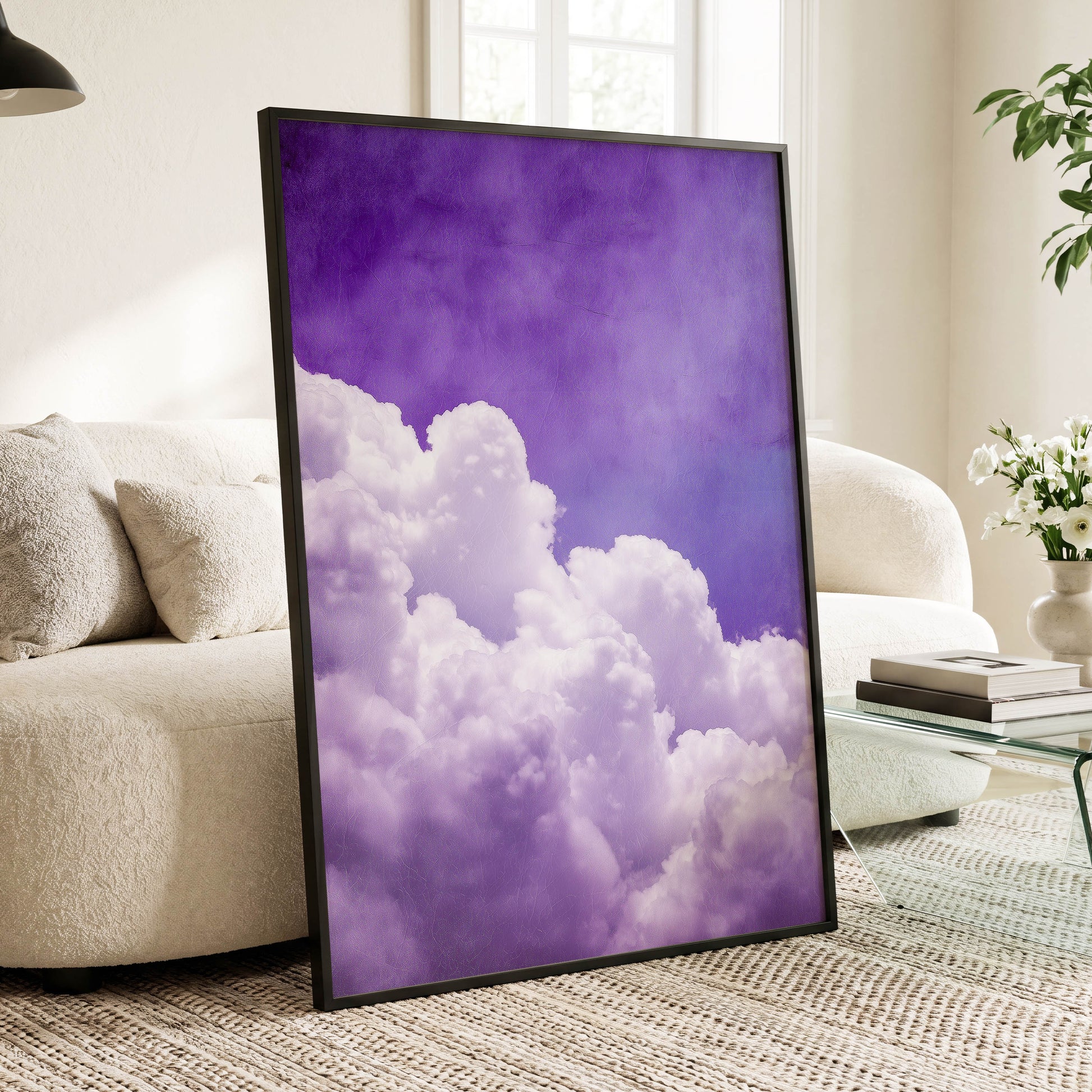 Violet Cloud Ascent, purple, white, blue nature wall art displayed in a styled interior, gallery view 2