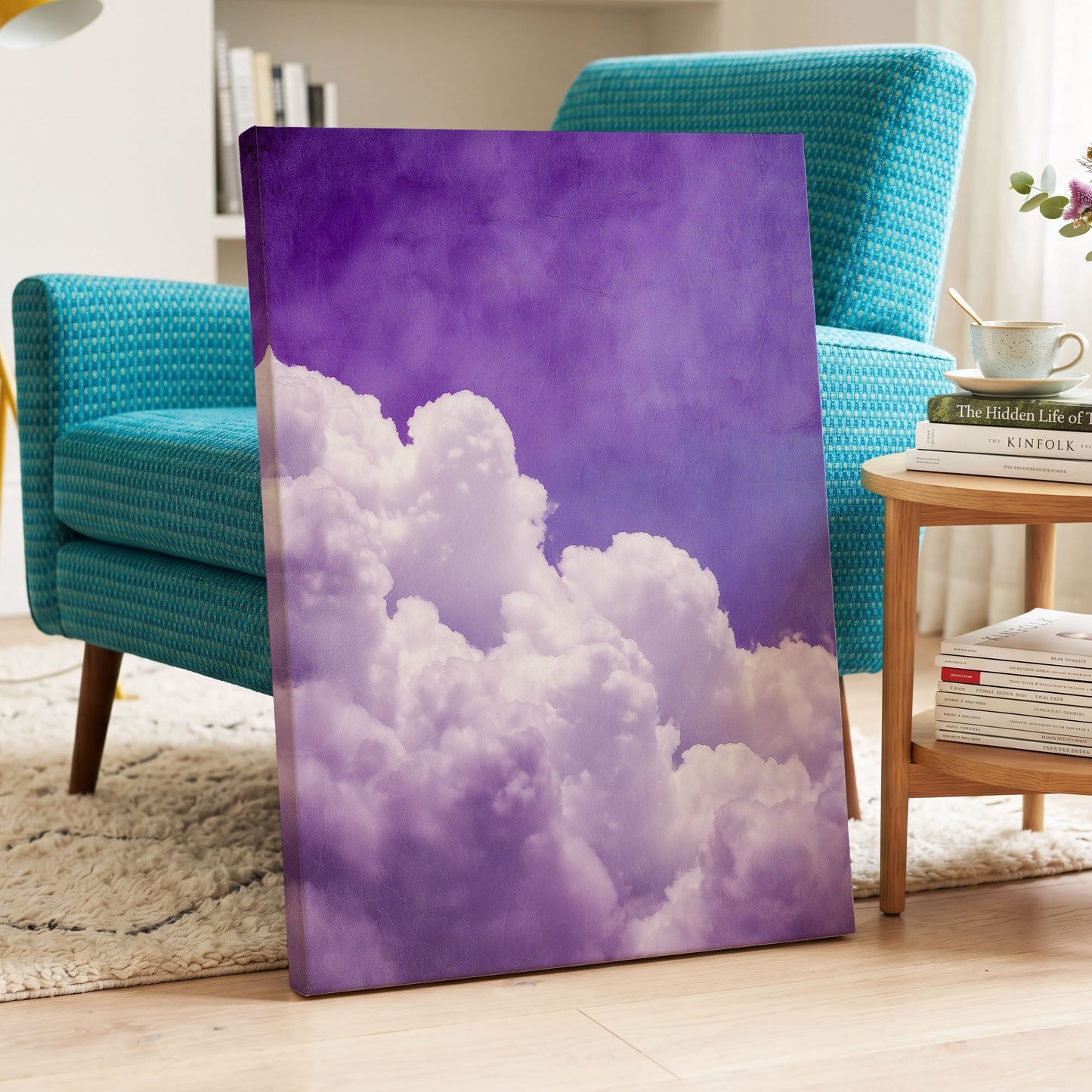 Violet Cloud Ascent, purple, white, blue nature wall art displayed in a styled interior, gallery view 3