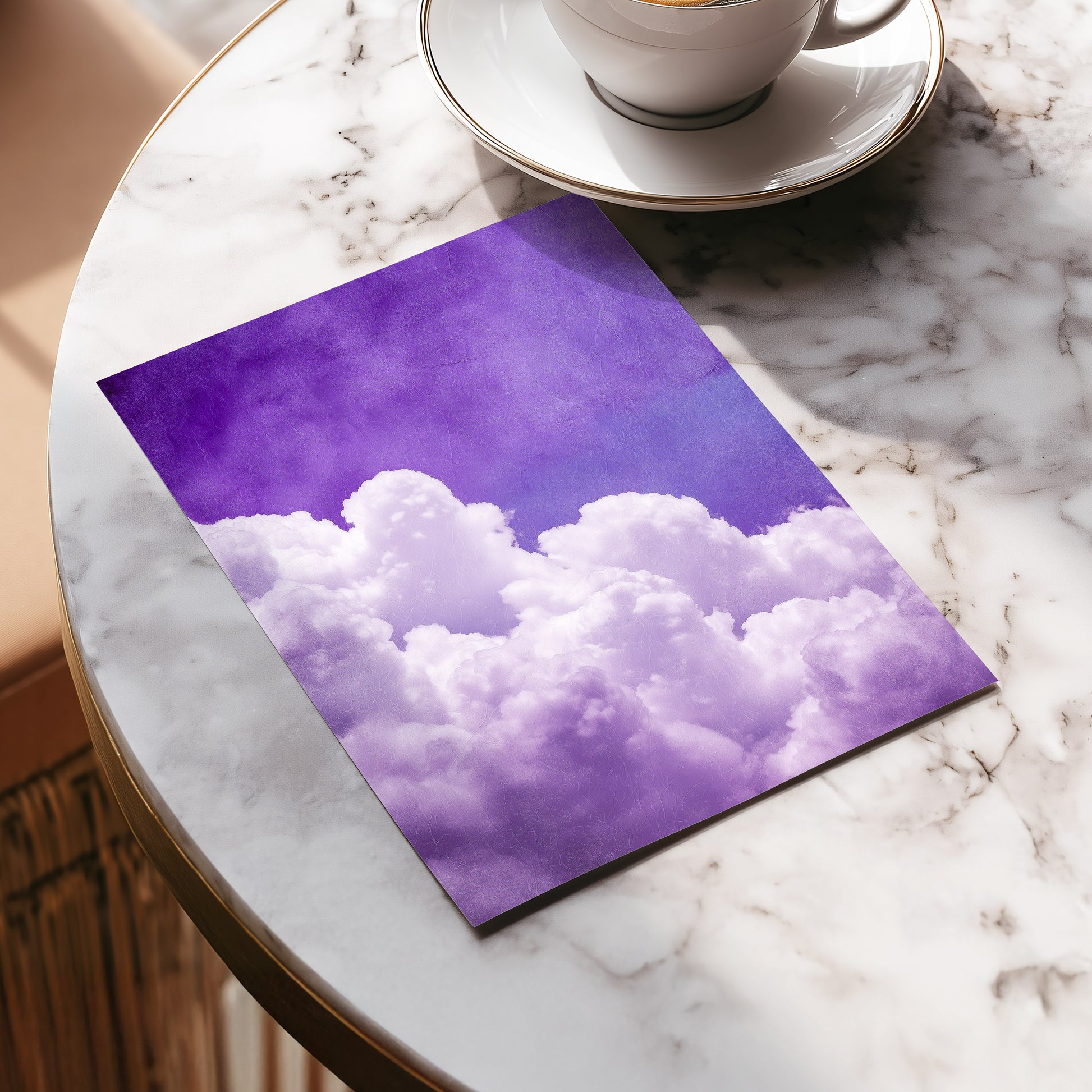 Violet Cloud Ascent, purple, white, blue nature wall art displayed in a styled interior, gallery view 5