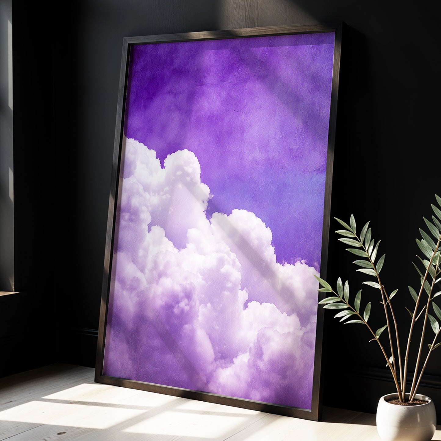 Violet Cloud Ascent, purple, white, blue nature wall art displayed in a styled interior, gallery view 6