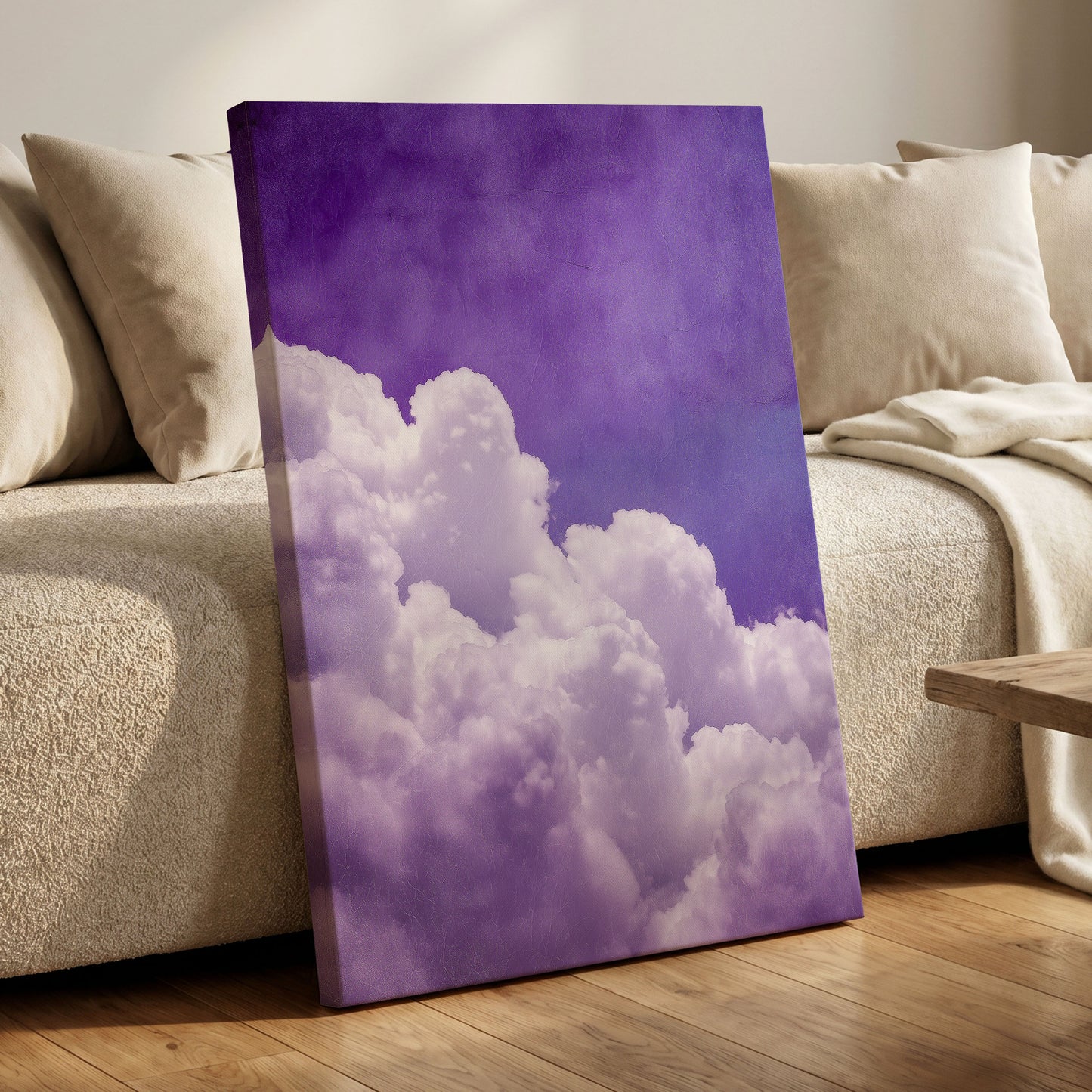 Violet Cloud Ascent, purple, white, blue nature wall art displayed in a styled interior, gallery view 7
