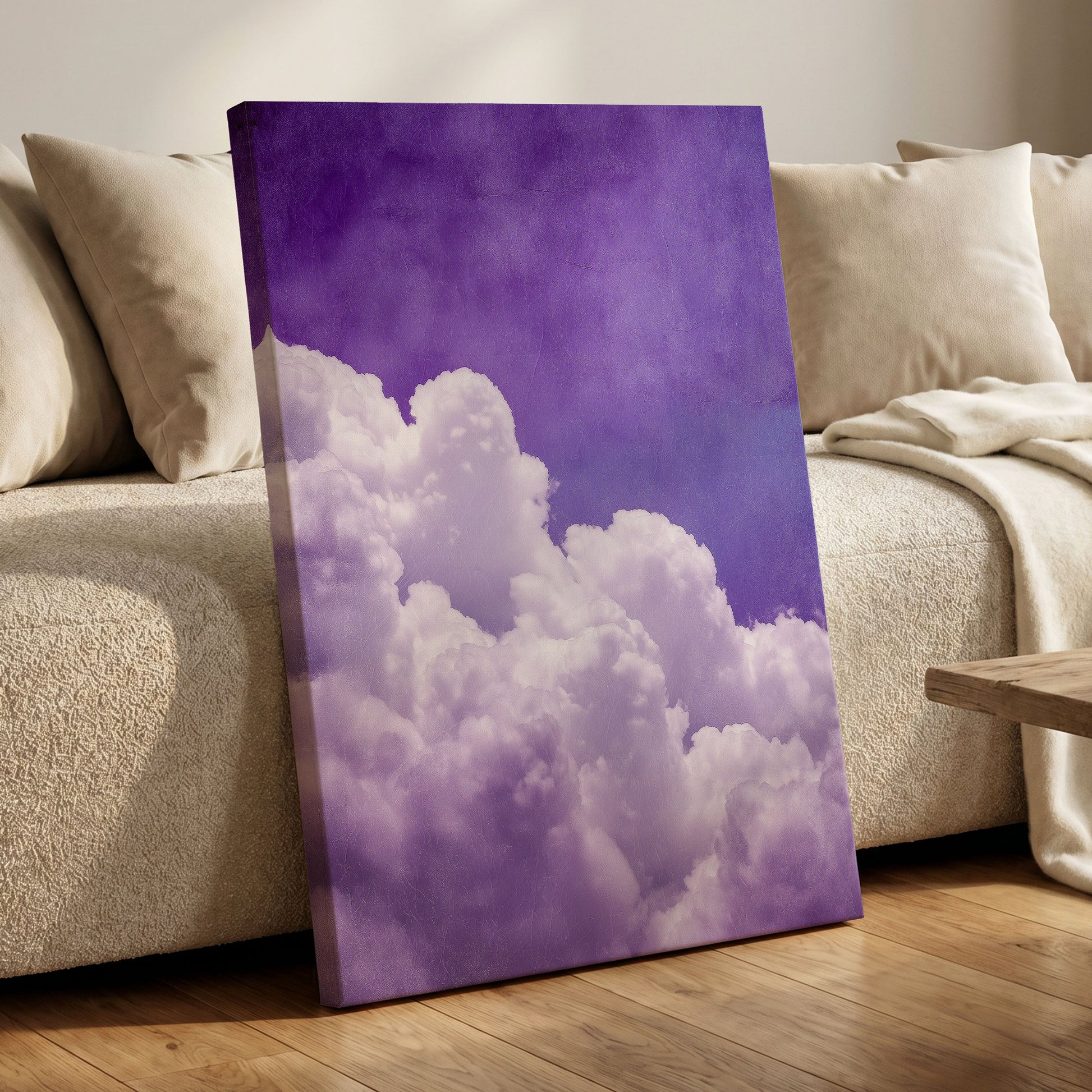 Violet Cloud Ascent, purple, white, blue nature wall art displayed in a styled interior, gallery view 7
