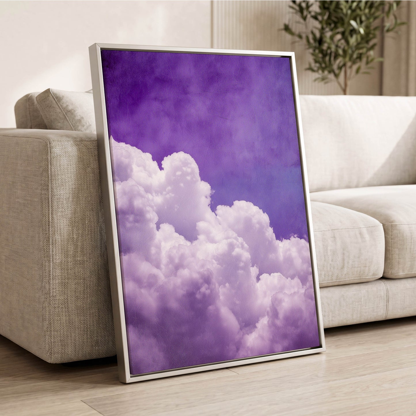 Violet Cloud Ascent, purple, white, blue nature wall art displayed in a styled interior, gallery view 8