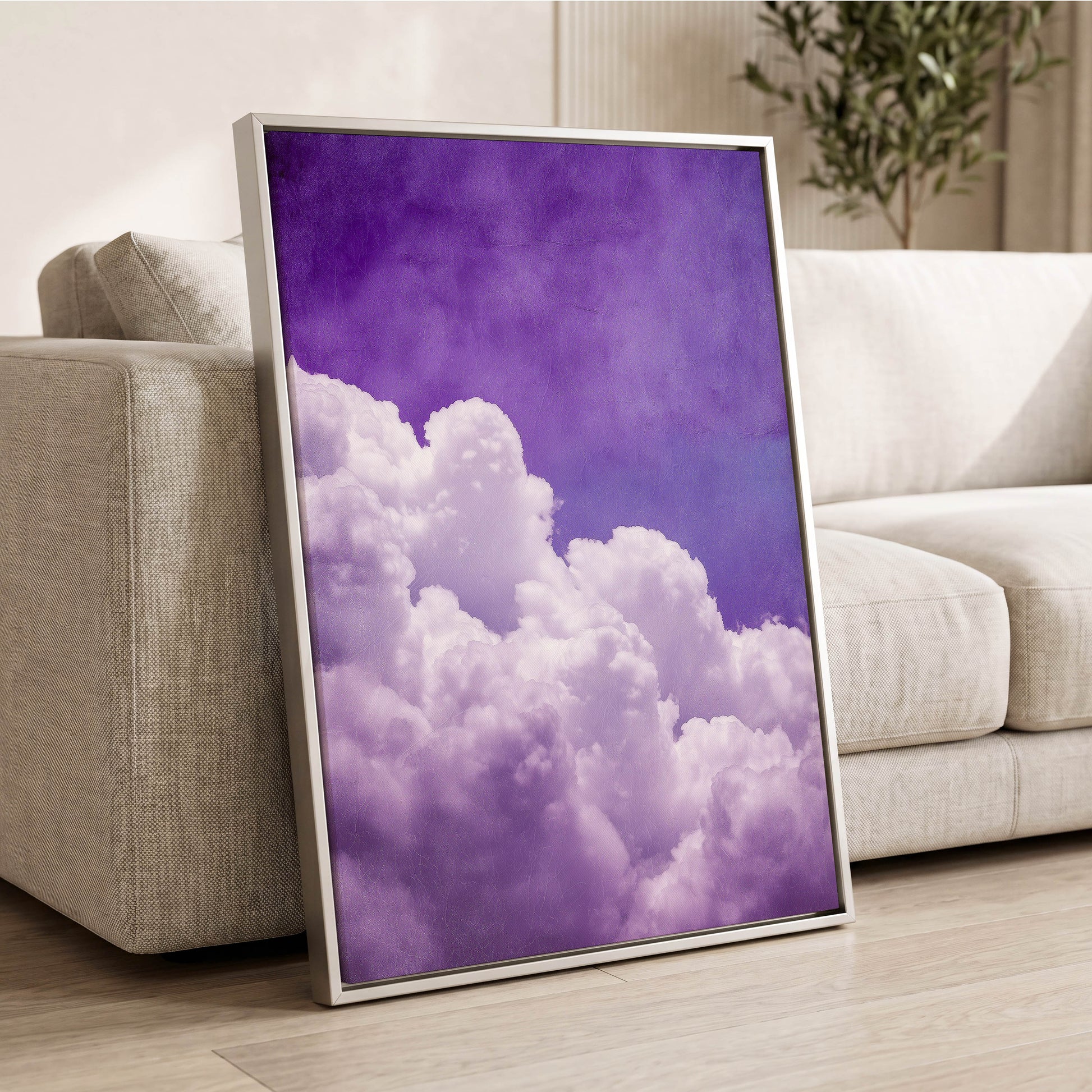 Violet Cloud Ascent, purple, white, blue nature wall art displayed in a styled interior, gallery view 8