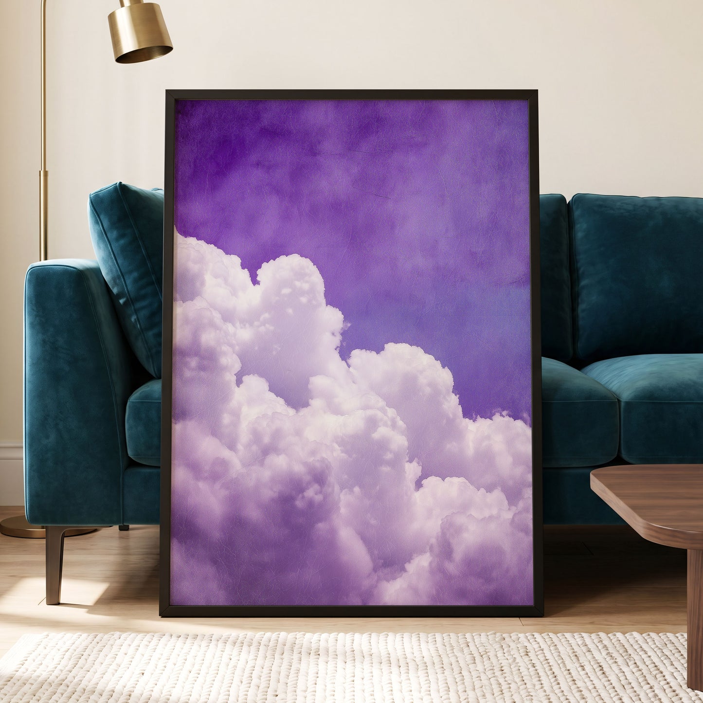 Violet Cloud Ascent, purple, white, blue nature wall art displayed in a styled interior, gallery view 9