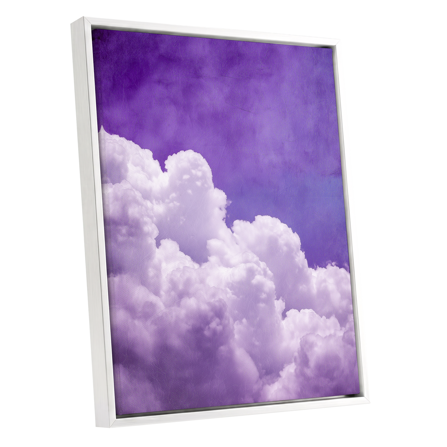 Violet Cloud Ascent, purple, white, blue nature wall art shown as a white framed canvas wall art