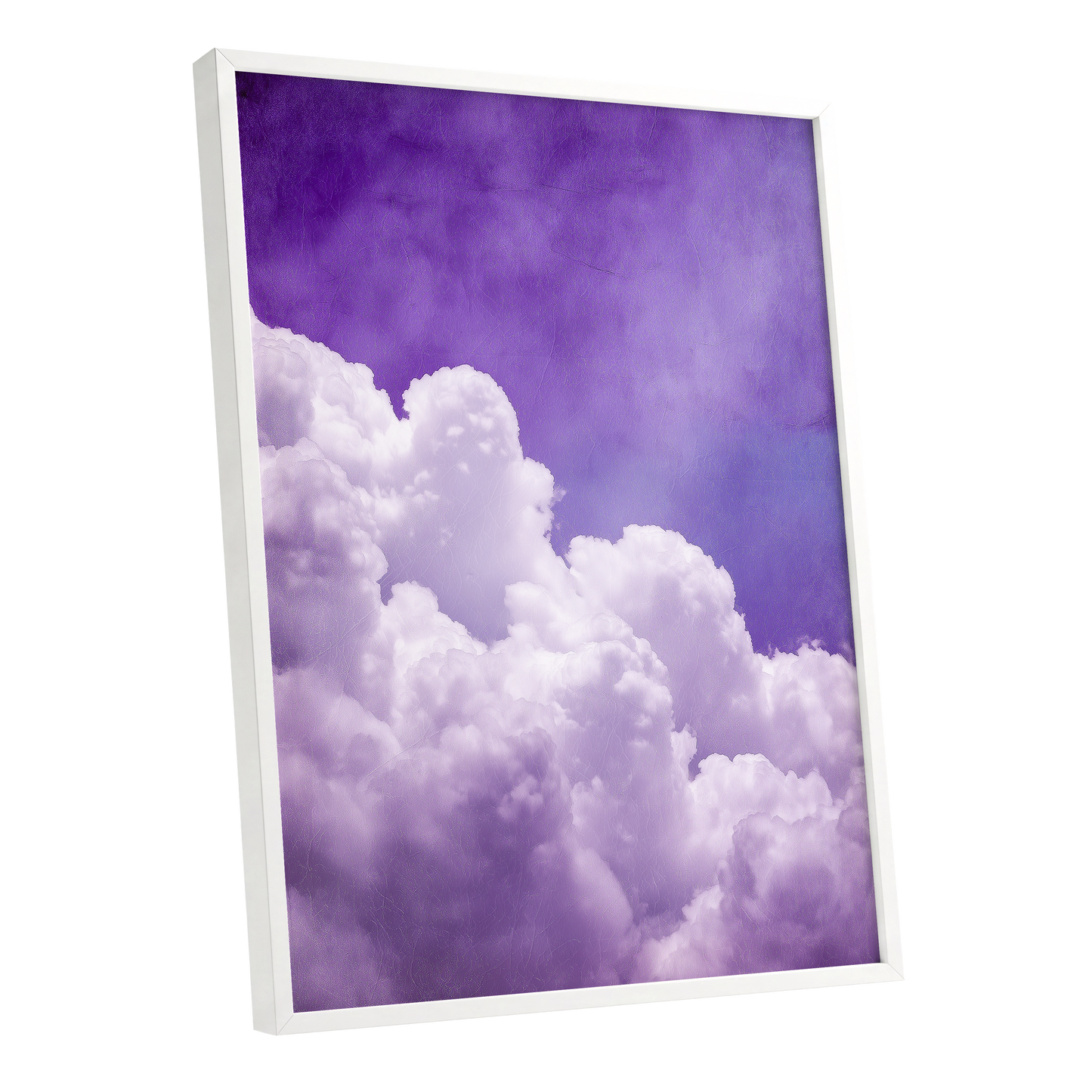 Violet Cloud Ascent, purple, white, blue nature wall art shown as a white framed poster wall art print