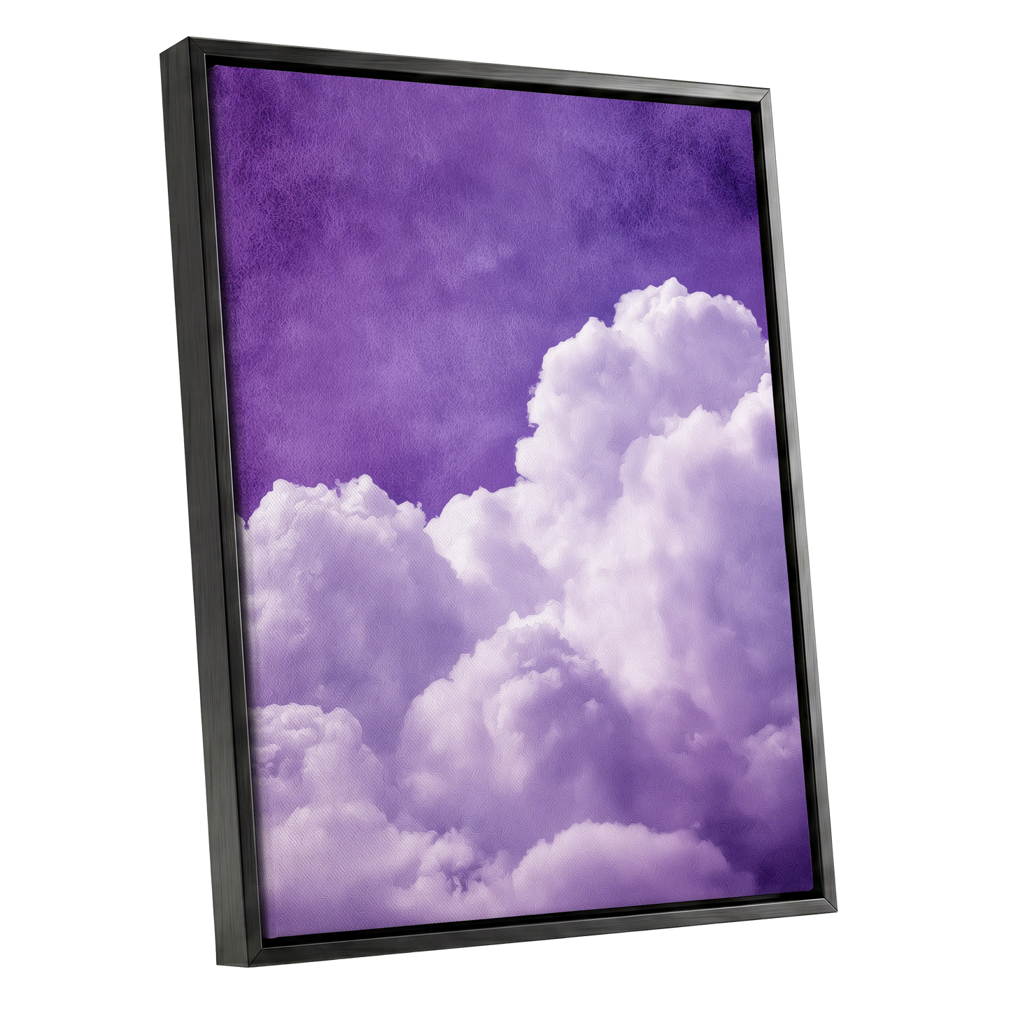 Violet Cloud Reverie, purple, white, gray nature wall art shown as a black framed canvas wall art