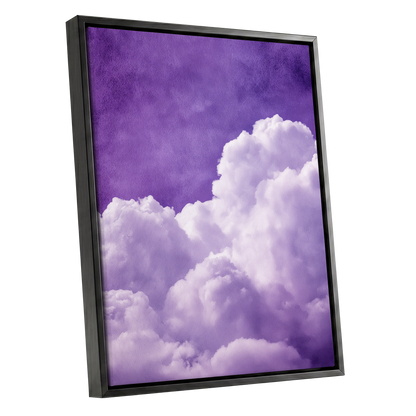 Violet Cloud Reverie, purple, white, gray nature wall art shown as a black framed canvas wall art