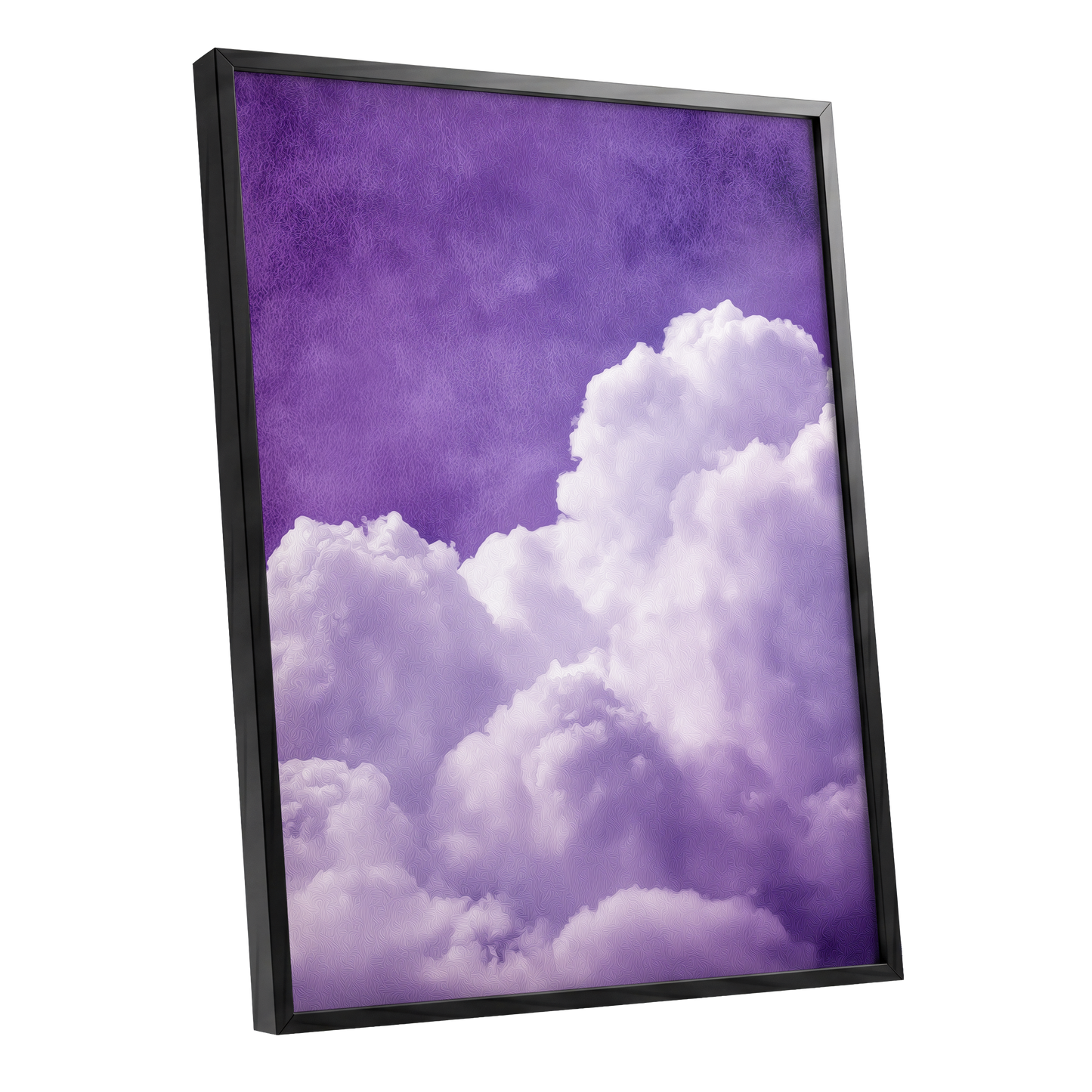 Violet Cloud Reverie, purple, white, gray nature wall art shown as a black framed poster wall art print