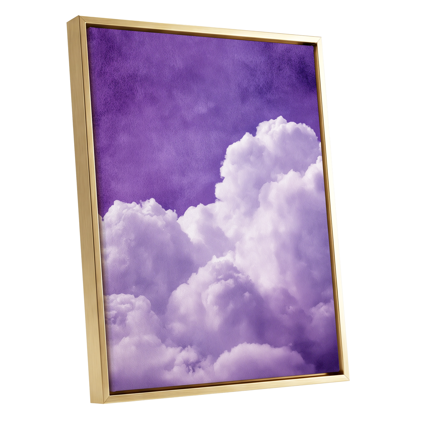 Violet Cloud Reverie, purple, white, gray nature wall art shown as a gold framed canvas wall art