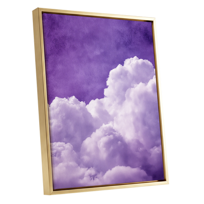 Violet Cloud Reverie, purple, white, gray nature wall art shown as a gold framed canvas wall art