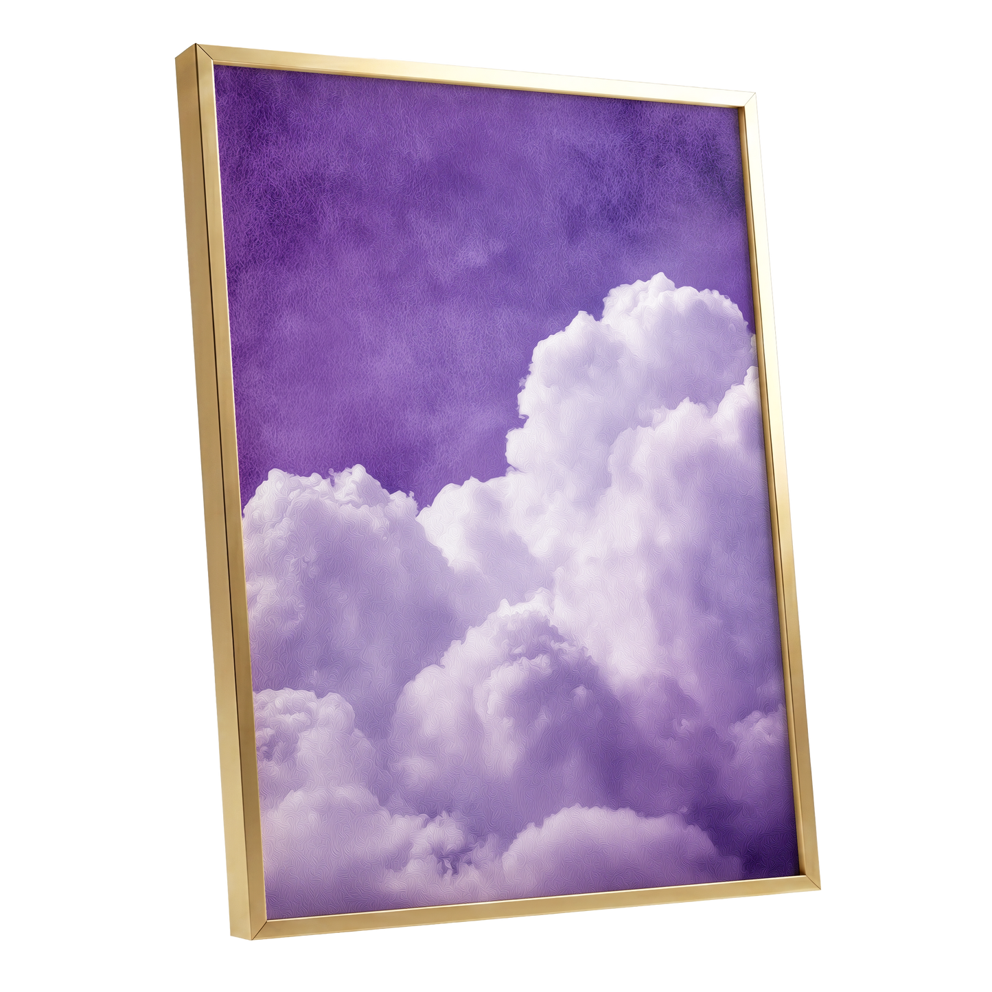 Violet Cloud Reverie, purple, white, gray nature wall art shown as a gold framed poster wall art print