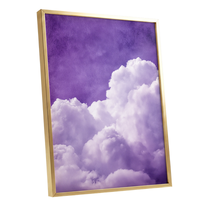 Violet Cloud Reverie, purple, white, gray nature wall art shown as a gold framed poster wall art print