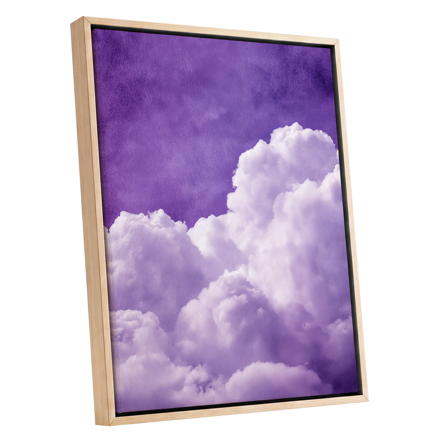 Violet Cloud Reverie, purple, white, gray nature wall art shown as a oak framed canvas wall art