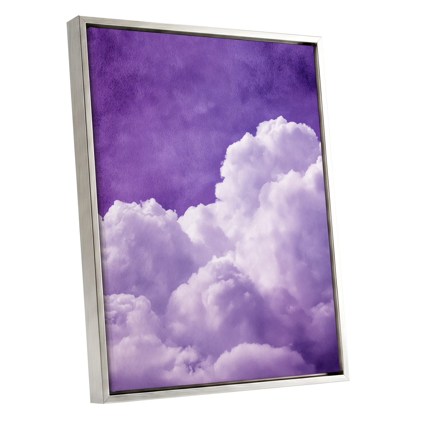 Violet Cloud Reverie, purple, white, gray nature wall art shown as a silver framed canvas wall art