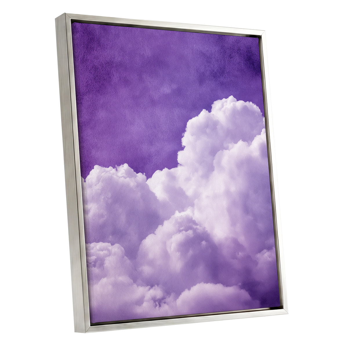 Violet Cloud Reverie, purple, white, gray nature wall art shown as a silver framed canvas wall art