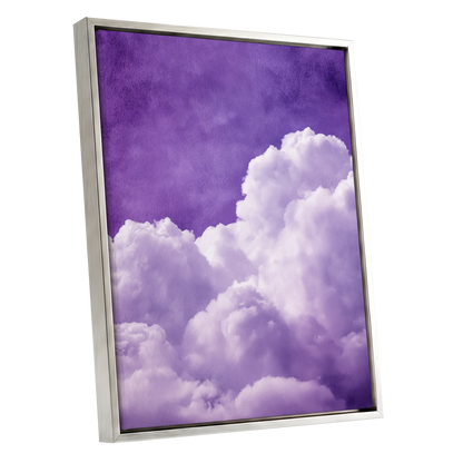 Violet Cloud Reverie, purple, white, gray nature wall art shown as a silver framed canvas wall art
