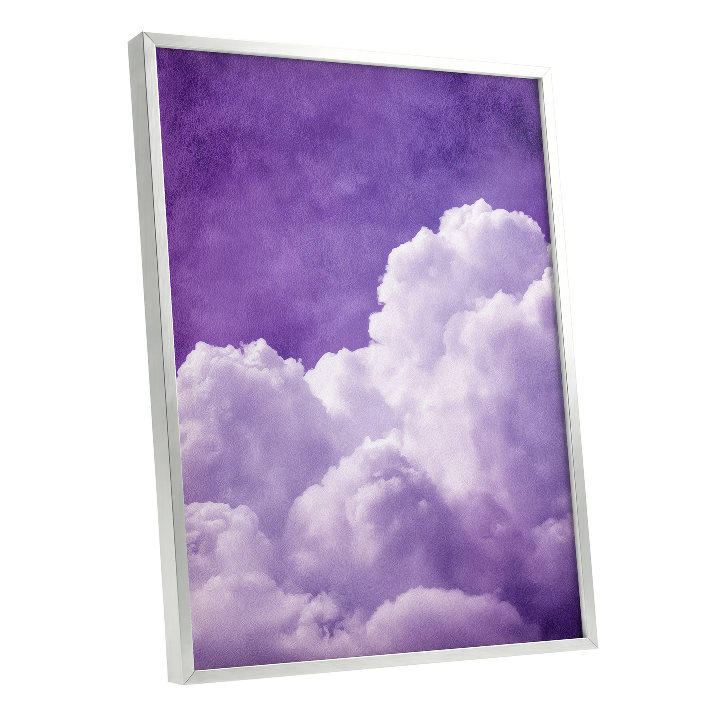 Violet Cloud Reverie, purple, white, gray nature wall art shown as a silver framed poster wall art print