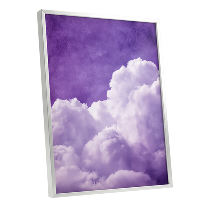 Violet Cloud Reverie, purple, white, gray nature wall art shown as a silver framed poster wall art print