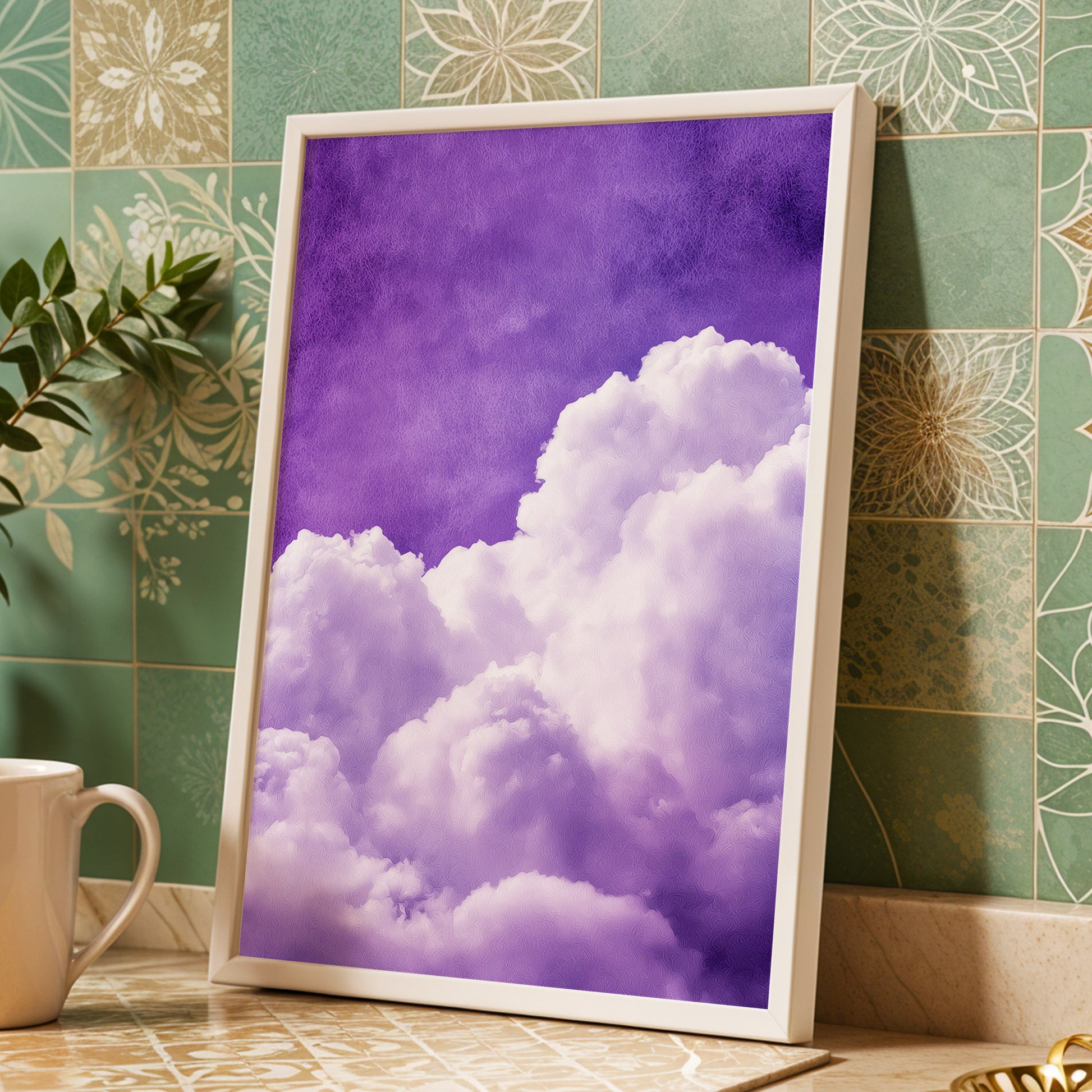 Violet Cloud Reverie, purple, white, gray nature wall art displayed in a styled interior, gallery view 2