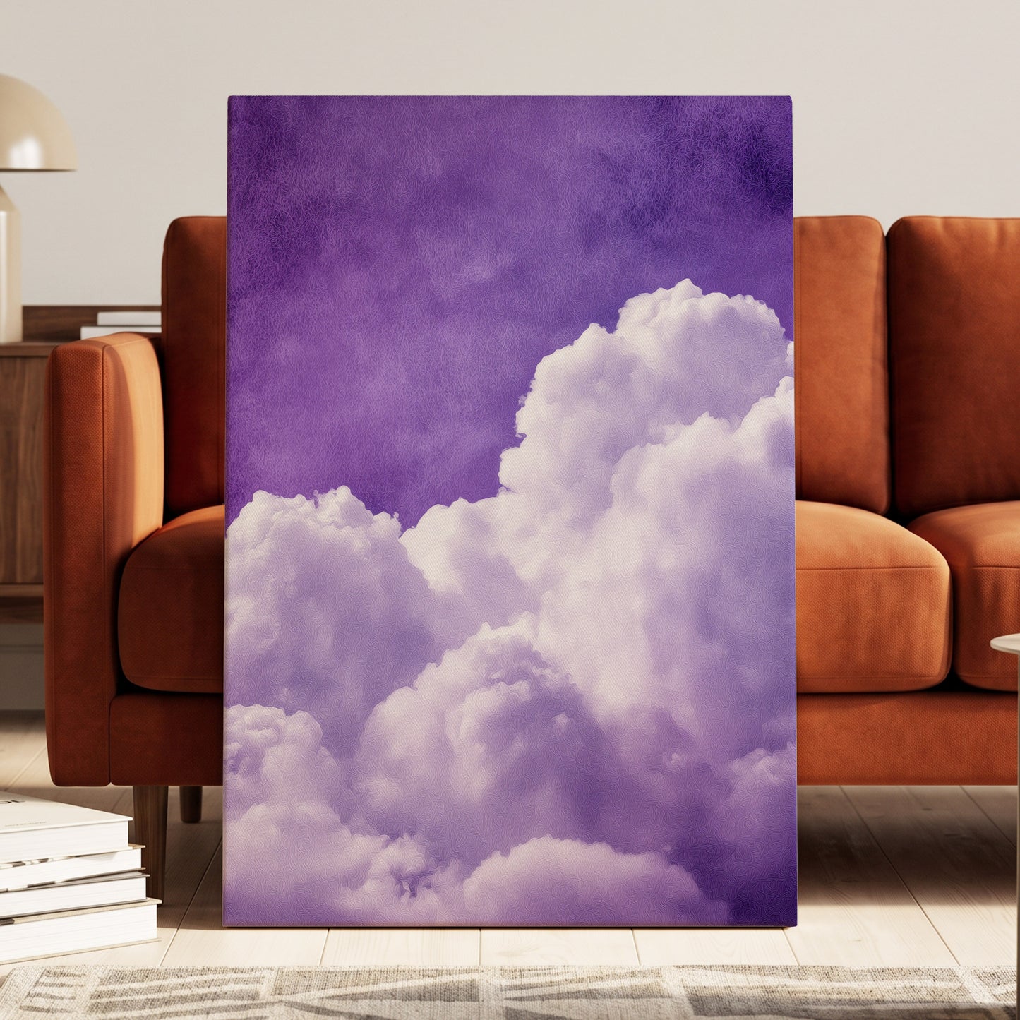 Violet Cloud Reverie, purple, white, gray nature wall art displayed in a styled interior, gallery view 3