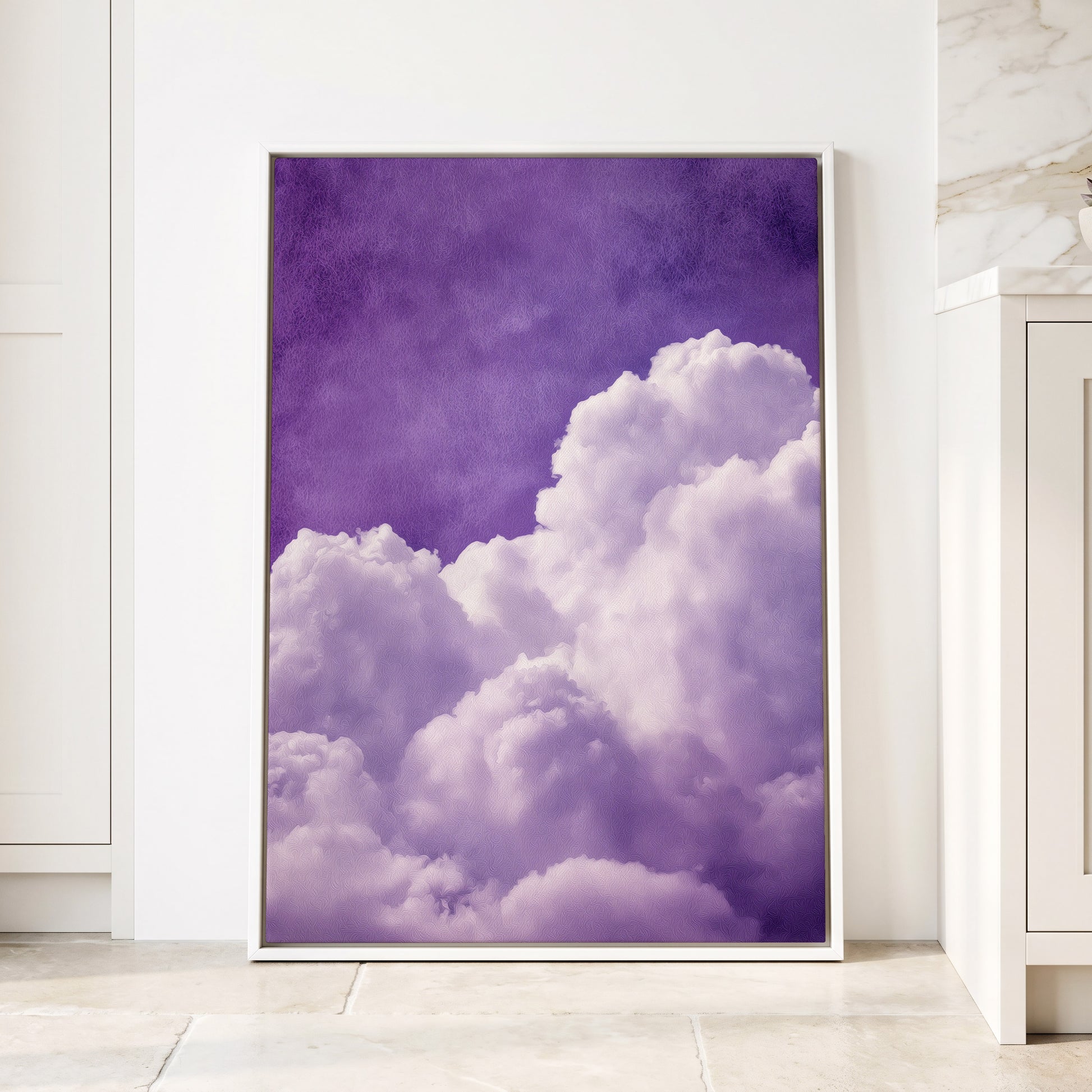 Violet Cloud Reverie, purple, white, gray nature wall art displayed in a styled interior, gallery view 4