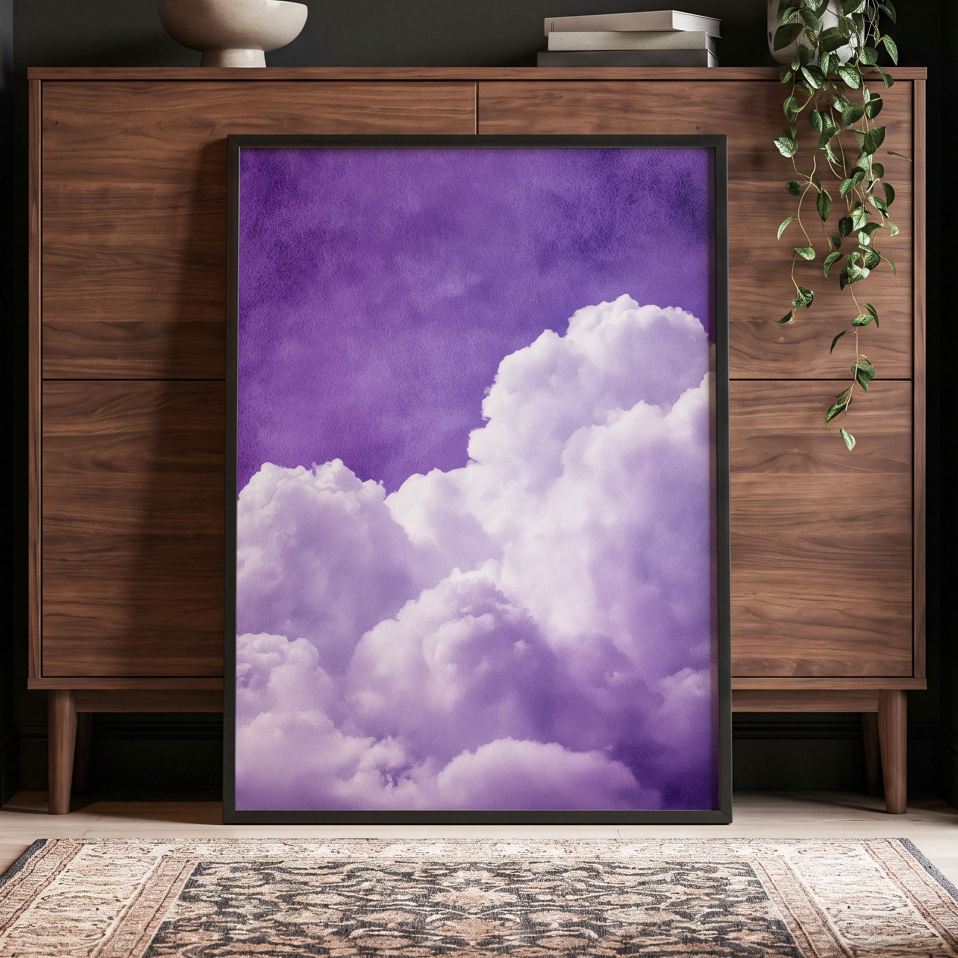 Violet Cloud Reverie, purple, white, gray nature wall art displayed in a styled interior, gallery view 6