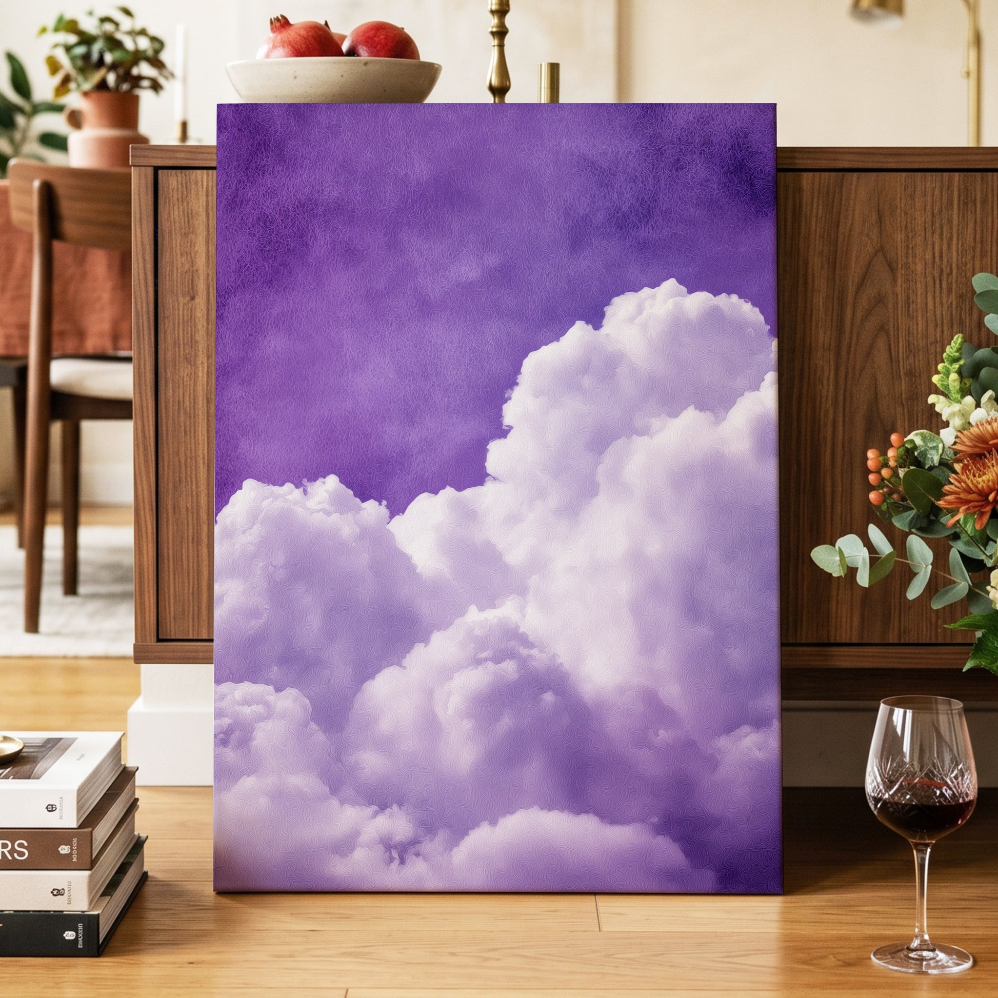 Violet Cloud Reverie, purple, white, gray nature wall art displayed in a styled interior, gallery view 7