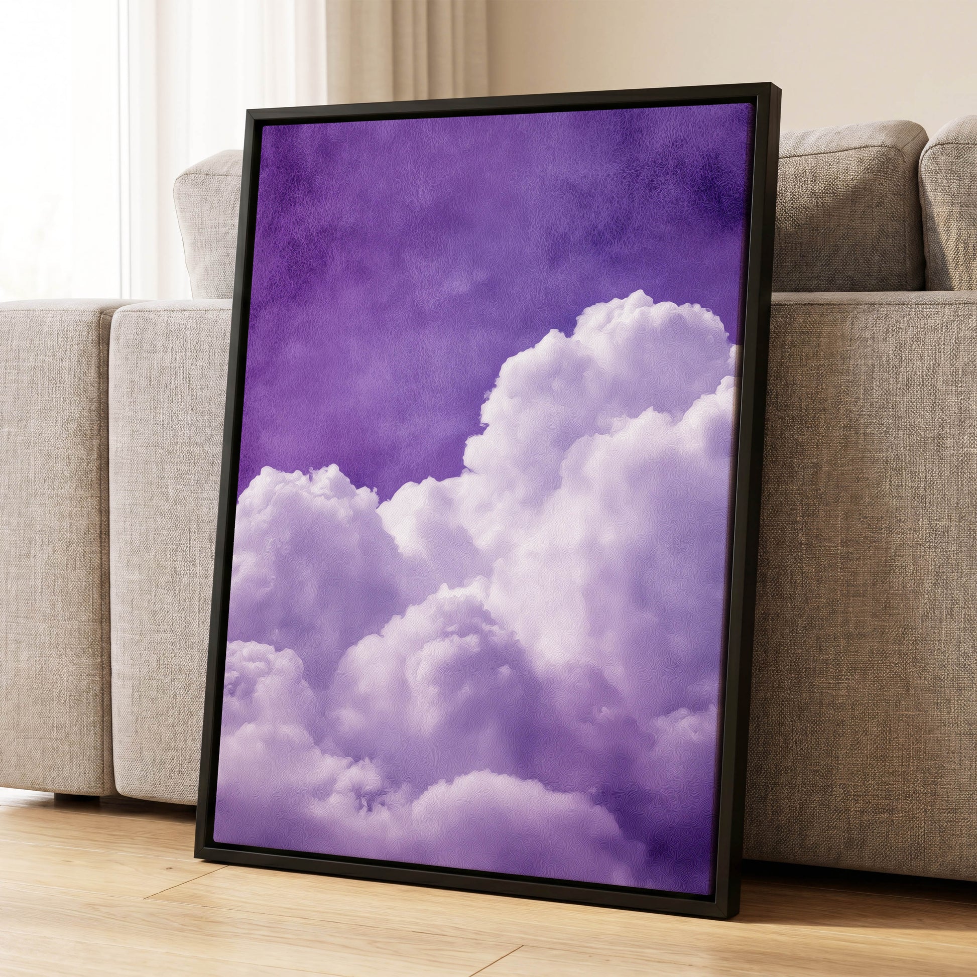 Violet Cloud Reverie, purple, white, gray nature wall art displayed in a styled interior, gallery view 8