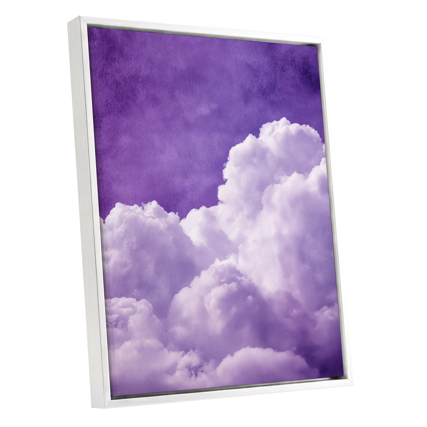 Violet Cloud Reverie, purple, white, gray nature wall art shown as a white framed canvas wall art