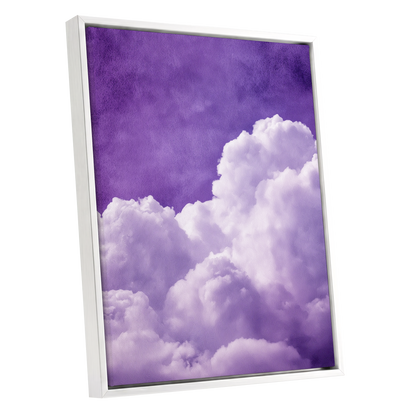 Violet Cloud Reverie, purple, white, gray nature wall art shown as a white framed canvas wall art