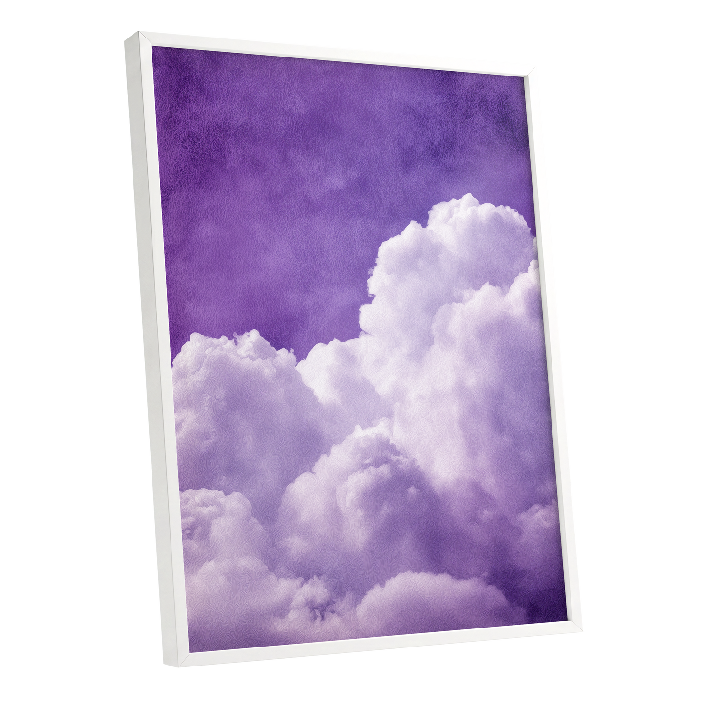 Violet Cloud Reverie, purple, white, gray nature wall art shown as a white framed poster wall art print