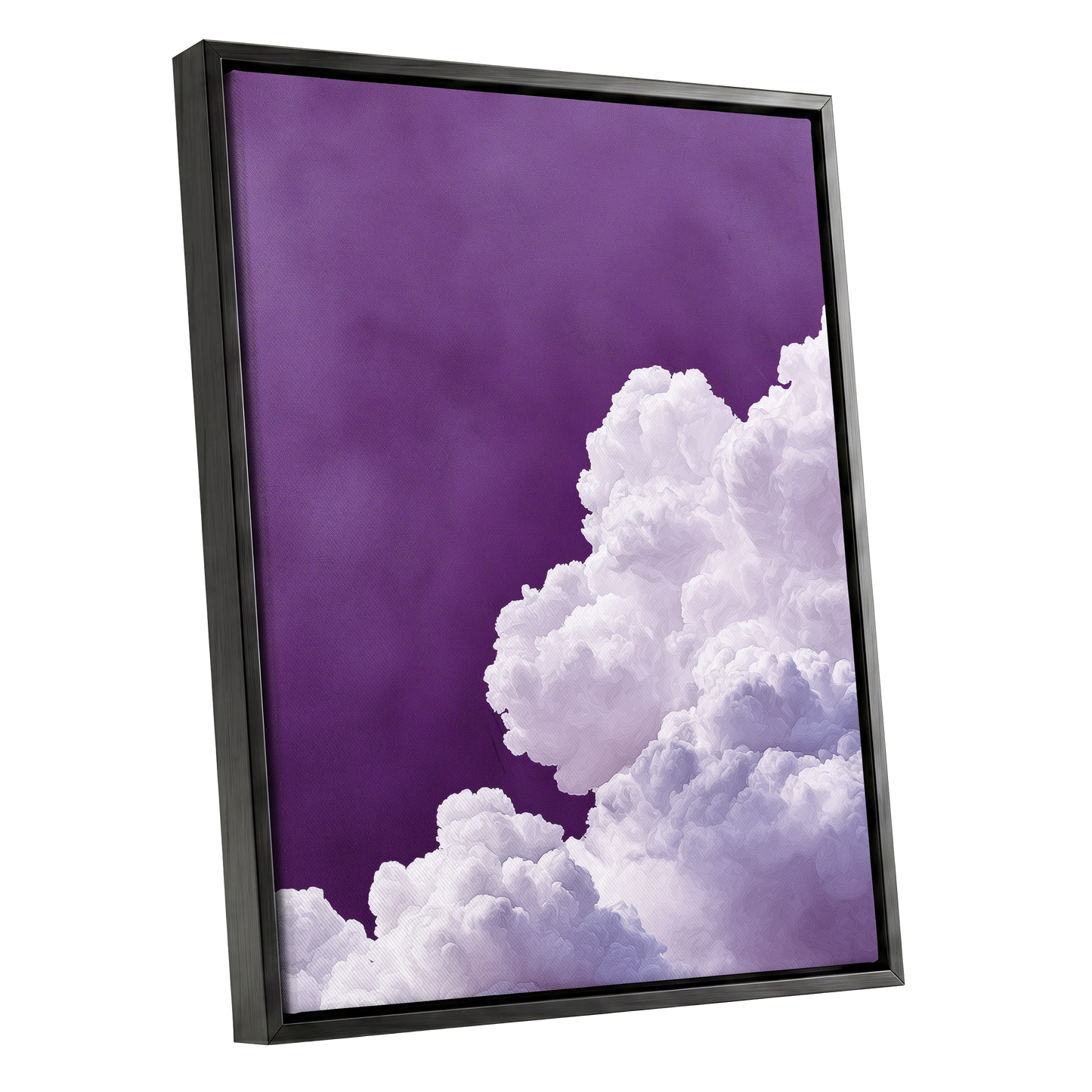 Violet Cloudscape, purple, white, gray nature wall art shown as a black framed canvas wall art