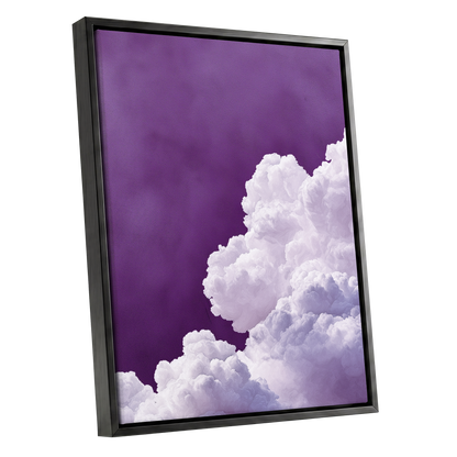 Violet Cloudscape, purple, white, gray nature wall art shown as a black framed canvas wall art