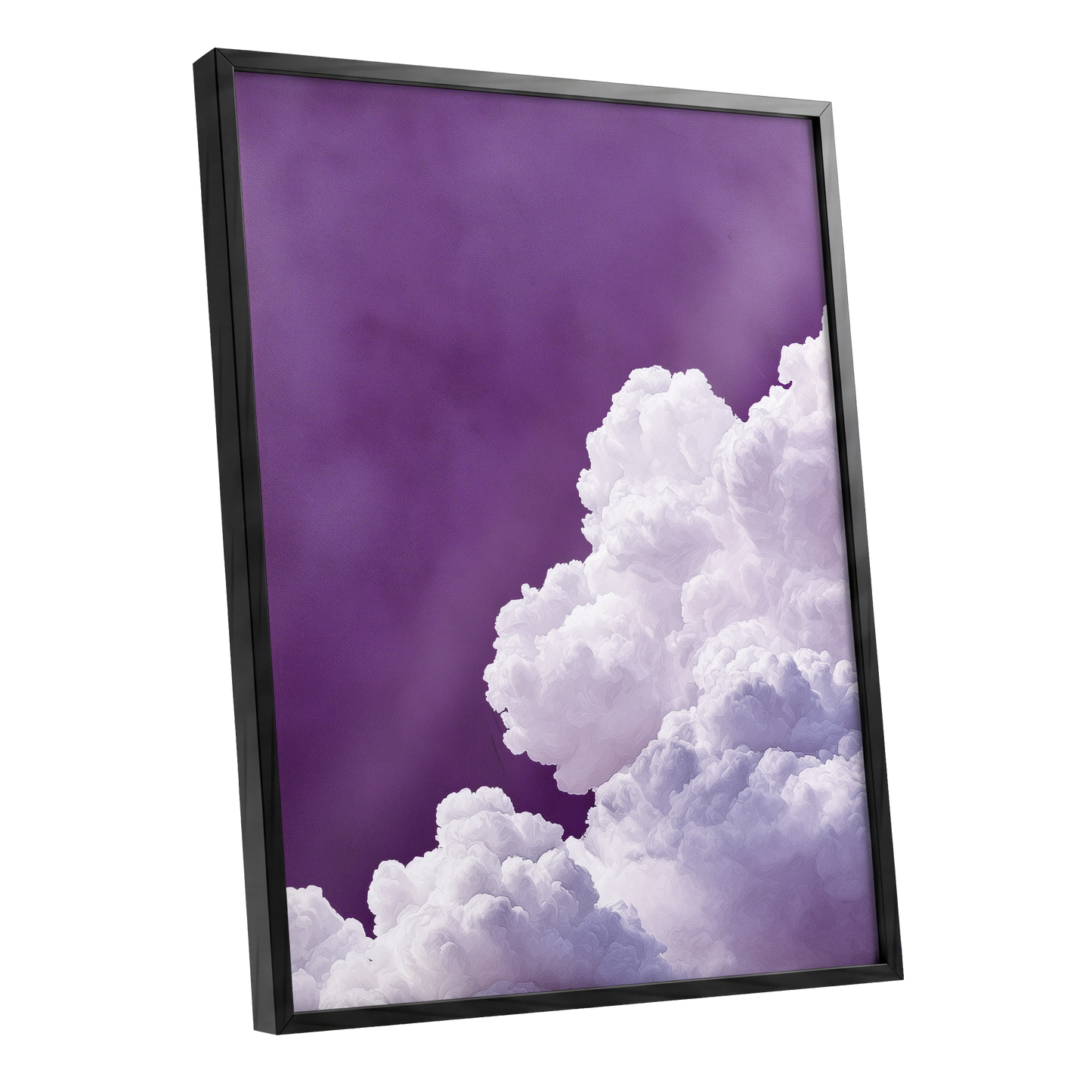 Violet Cloudscape, purple, white, gray nature wall art shown as a black framed poster wall art print