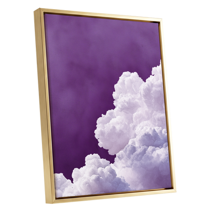 Violet Cloudscape, purple, white, gray nature wall art shown as a gold framed canvas wall art